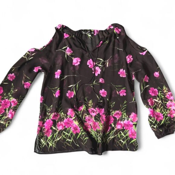 Dennis Basso Black Sheer Black Peasant Top with Floral Graphic + Tassels size M - Picture 1 of 8